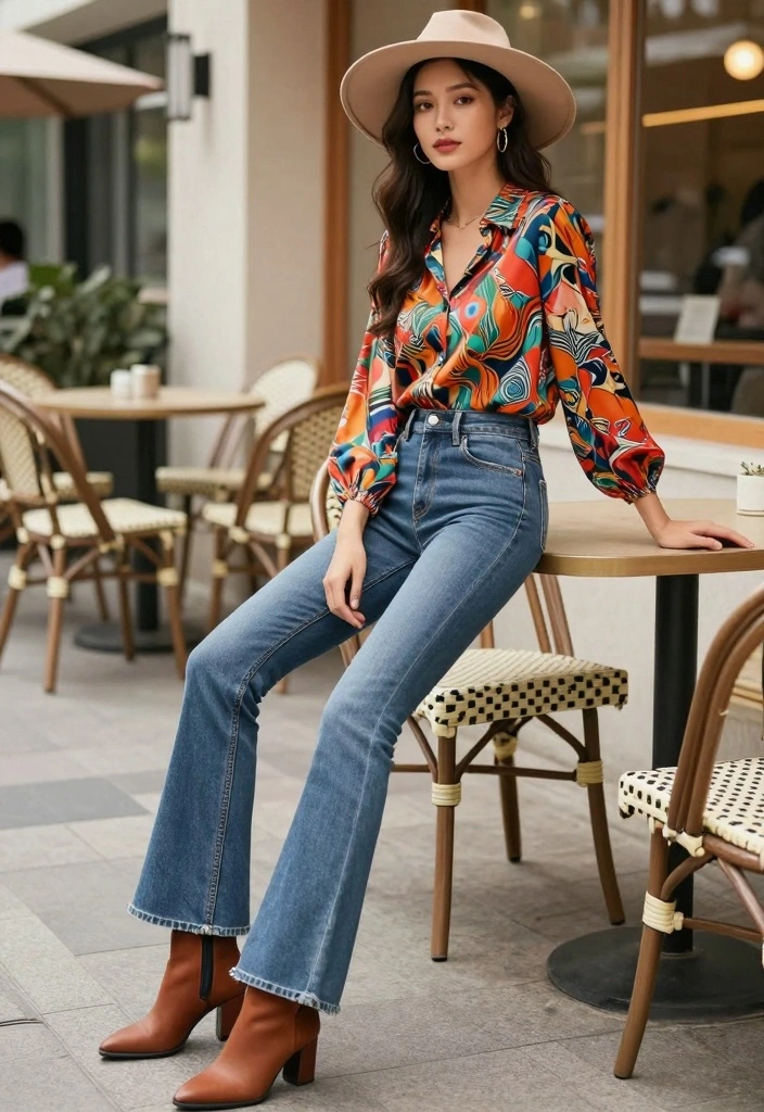 16 Sustainable Y2K Jeans Outfit Ideas For Women - 3. Flared Jeans with a Funky Top 1