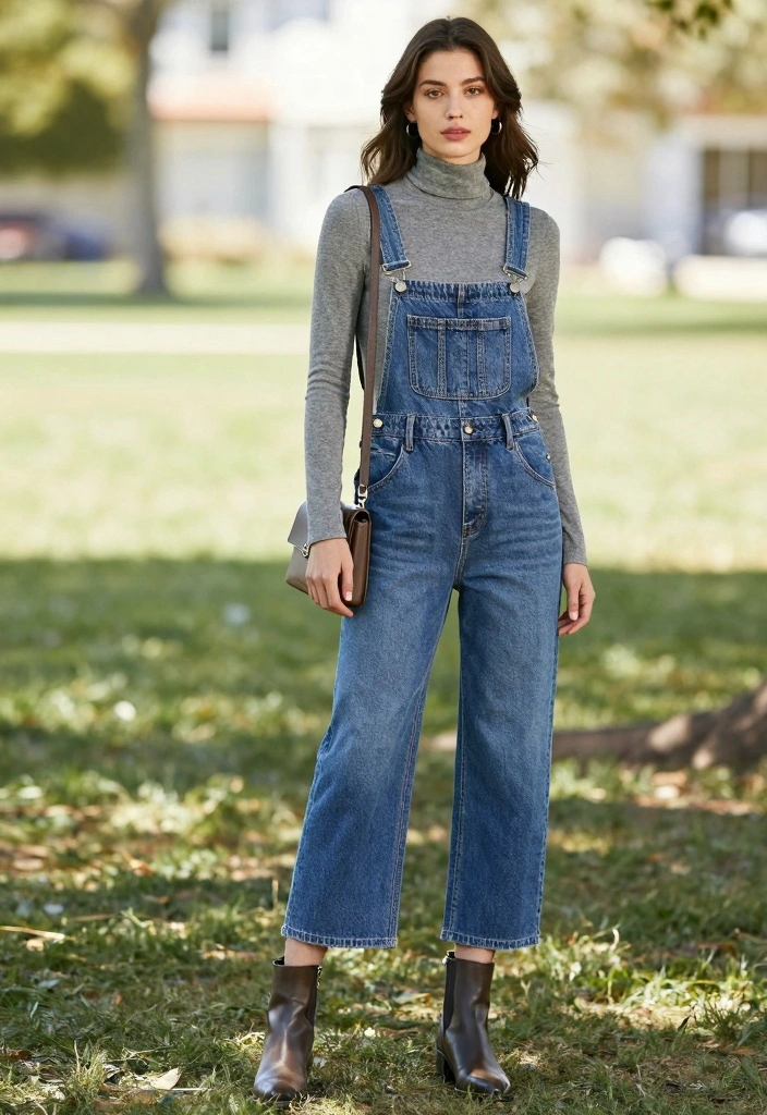 16 Sustainable Y2K Jeans Outfit Ideas For Women - 4. Denim Overalls with a Turtleneck 1