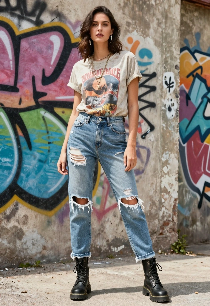 16 Sustainable Y2K Jeans Outfit Ideas For Women - 5. Distressed Jeans with a Vintage Tee 1