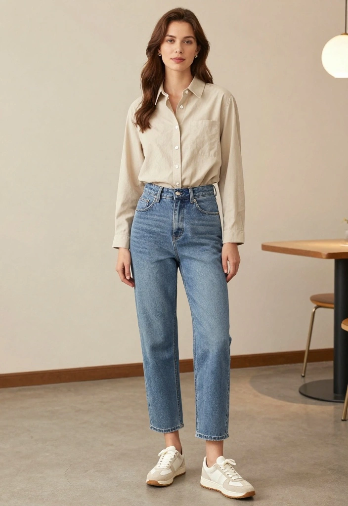 16 Sustainable Y2K Jeans Outfit Ideas For Women - 6. Mom Jeans with a Button-Up Shirt 1