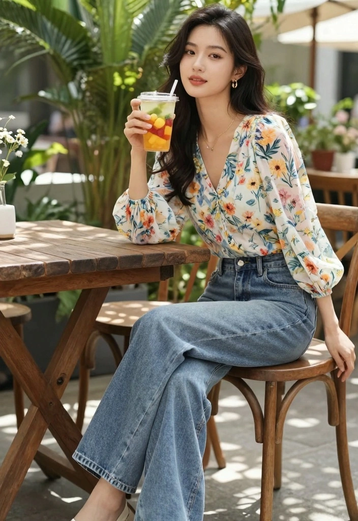16 Wide Leg Pants Outfit Ideas For Women - 1. Casual Floral Top & Denim 1