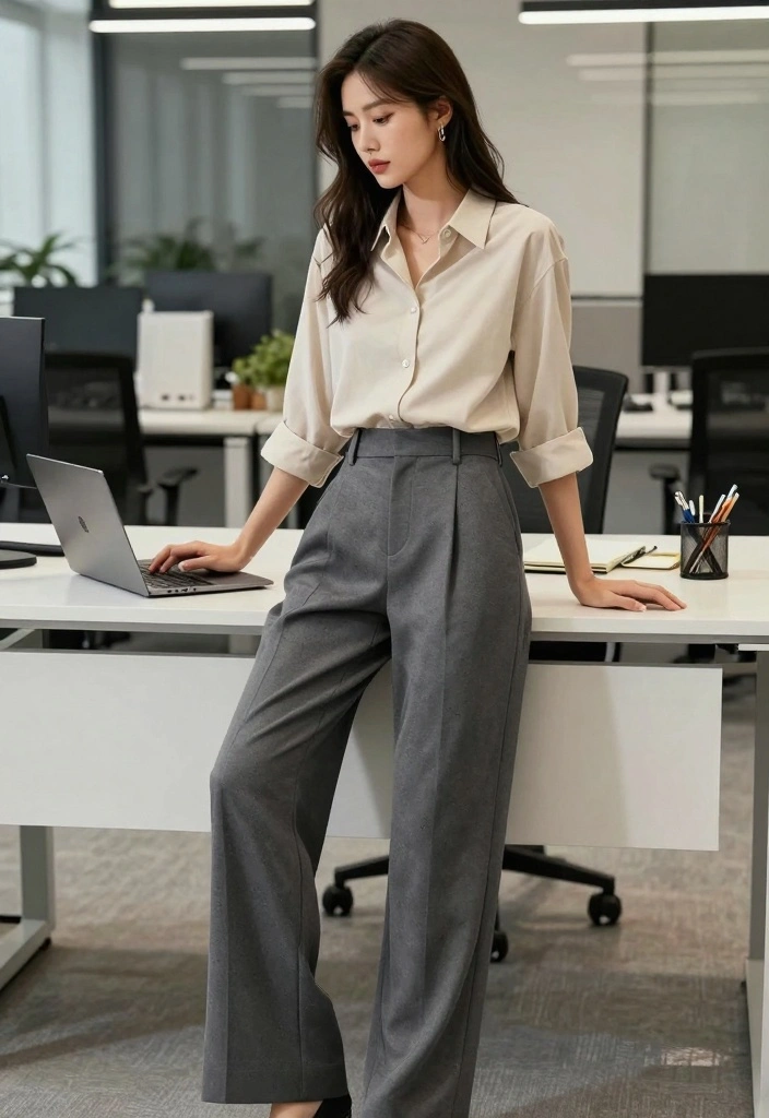 16 Wide Leg Pants Outfit Ideas For Women - 14. Work-Ready with a Button-Up Shirt 1