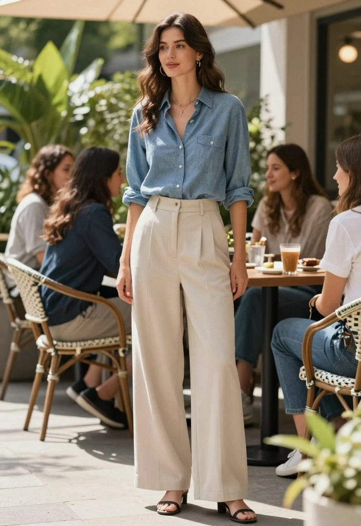 16 Wide Leg Pants Outfit Ideas For Women - 15. Layered with a Chambray Shirt 1