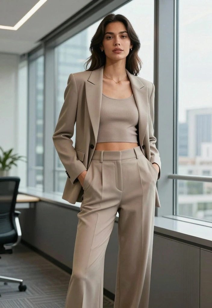 16 Wide Leg Pants Outfit Ideas For Women - 3. Tailored Blazer & Crop Top 1