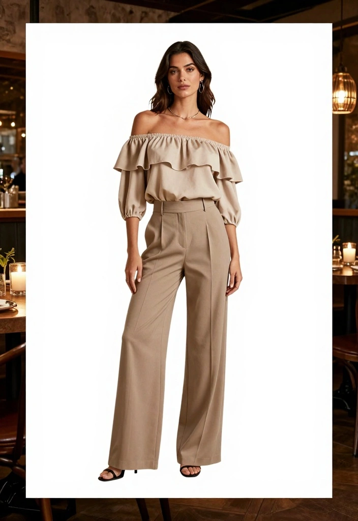 16 Wide Leg Pants Outfit Ideas For Women - 5. Date Night with Off-Shoulder Top 1