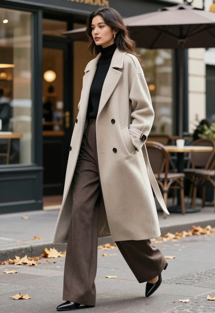 16 Wide Leg Pants Outfit Ideas For Women - 6. Layered Look with a Long Coat 1