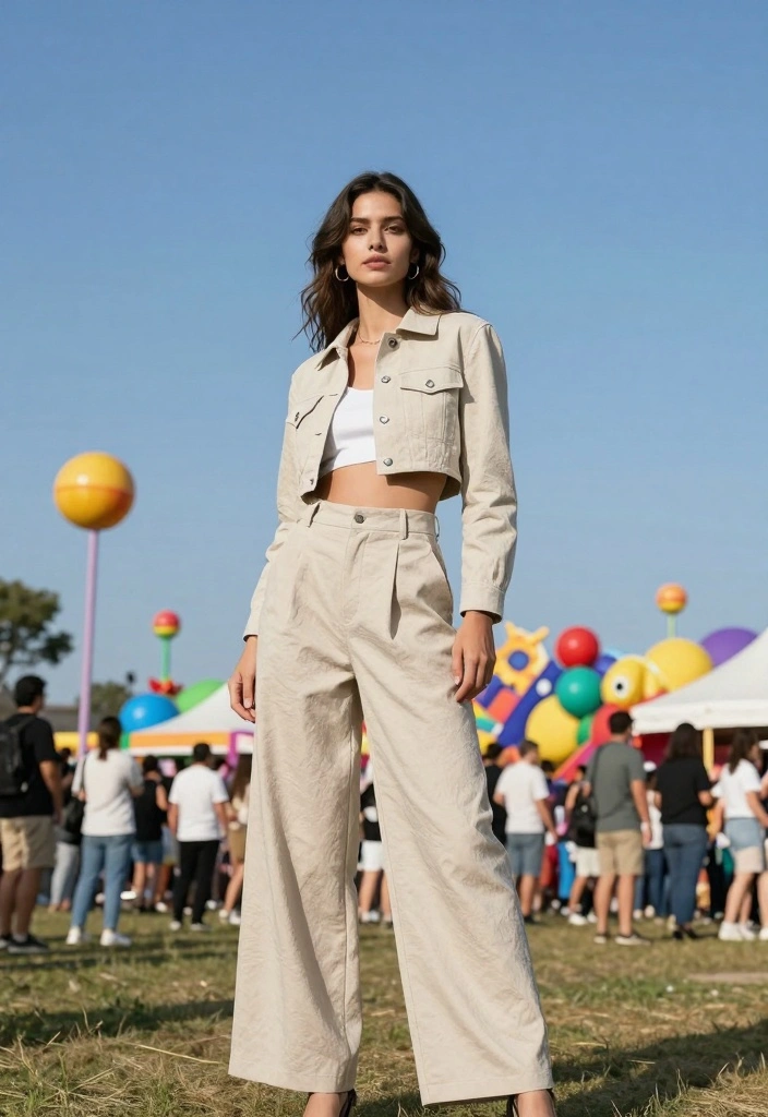 16 Wide Leg Pants Outfit Ideas For Women - 8. Festival Ready with a Crop Jacket 1