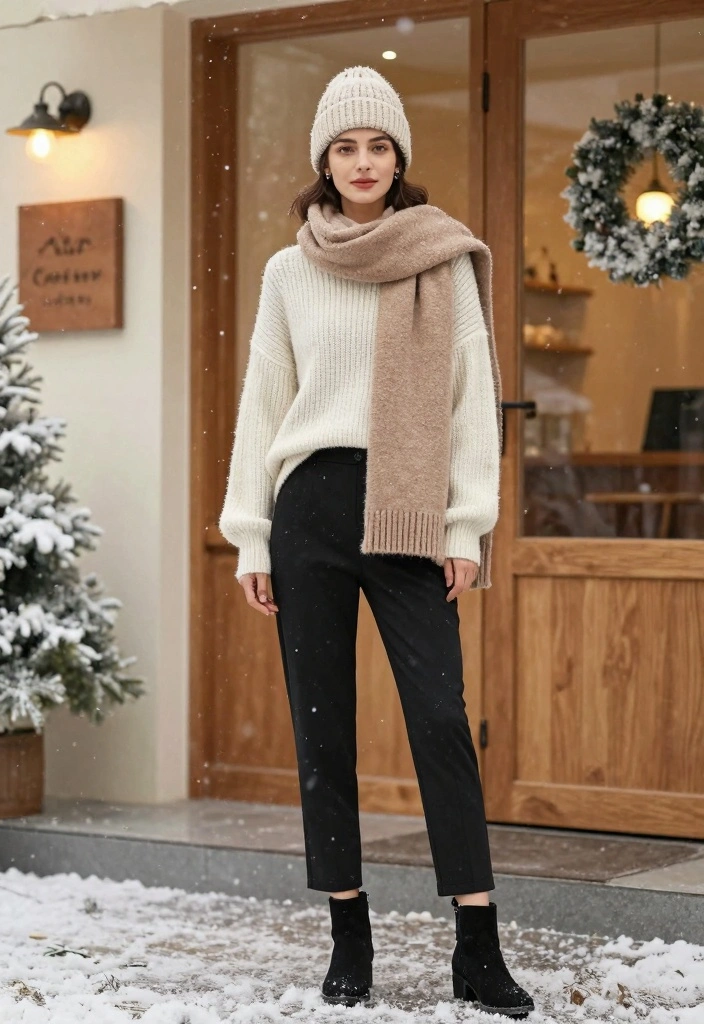 16 Winter Black Pants Outfit Ideas For Women - 1. Cozy Knit Sweater with Black Trousers 1