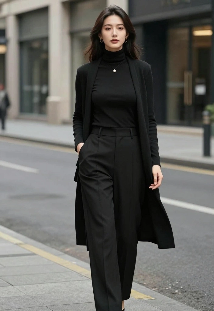 16 Winter Black Pants Outfit Ideas For Women - 12. Monochrome Chic with Layering 1