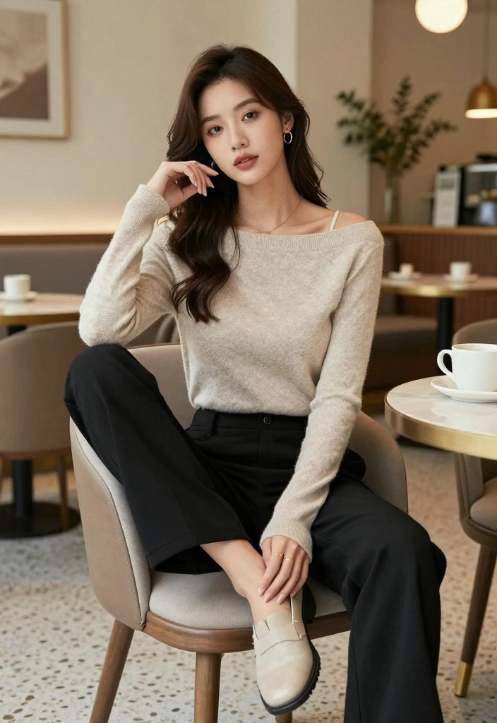 16 Winter Black Pants Outfit Ideas For Women - 14. Casual Boatneck Top with Black Pants 1