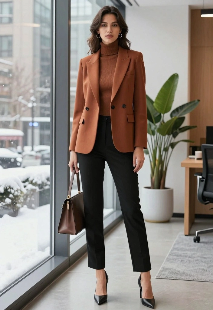 16 Winter Black Pants Outfit Ideas For Women - 2. Layered Look with a Turtleneck and Blazer 1