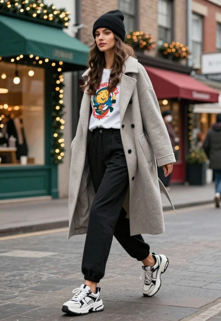 16 Winter Black Pants Outfit Ideas For Women - 3. Casual Chic with a Graphic Tee and Oversized Coat 1