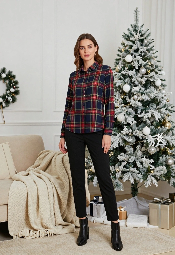 16 Winter Black Pants Outfit Ideas For Women - 8. Timeless Tartan with Black Pants 1