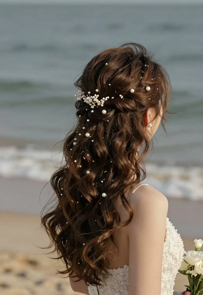 17 Beach Wedding Hair Ideas: Soft Romantic Waves - 12. Soft Romantic Waves with Pearls 1