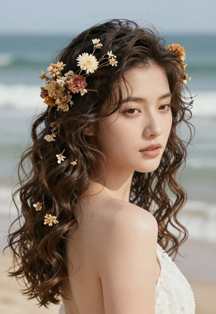 17 Beach Wedding Hair Ideas: Soft Romantic Waves - 16. Textured Waves with Dried Flowers 1