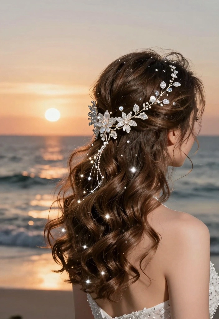 17 Beach Wedding Hair Ideas: Soft Romantic Waves - 17. Whimsical Waves with Glittering Accessories 1