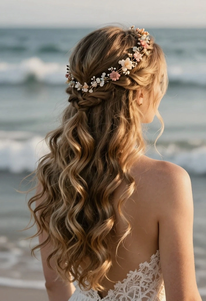 17 Beach Wedding Hair Ideas: Soft Romantic Waves - 3. Half-Up, Half-Down Waves with a Crown Braid 1