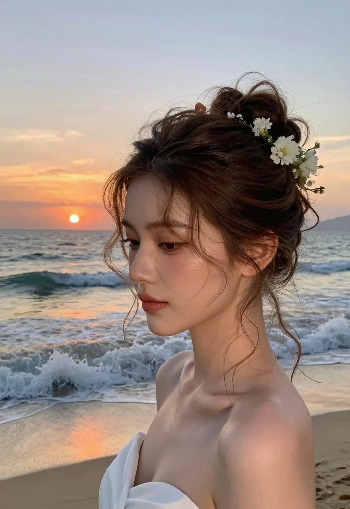 17 Beach Wedding Hair Ideas: Soft Romantic Waves - 5. Messy Bun with Beachy Waves 1