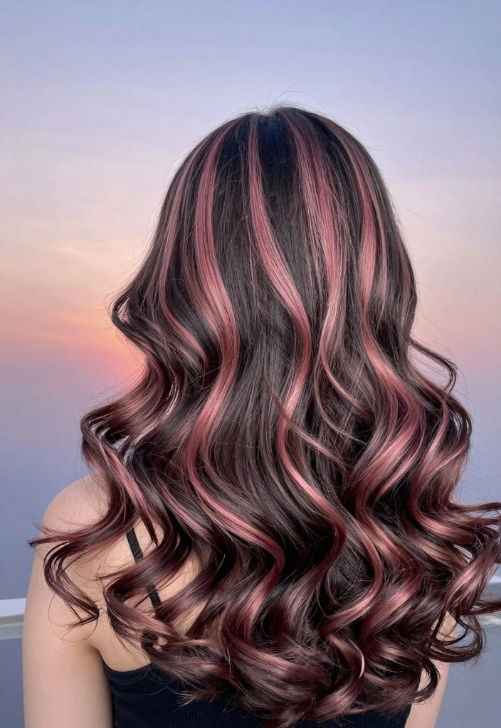 17 Blonde Highlights on Dark Hair Ideas: High Contrast Glow - 17. Rose Gold Highlights 1