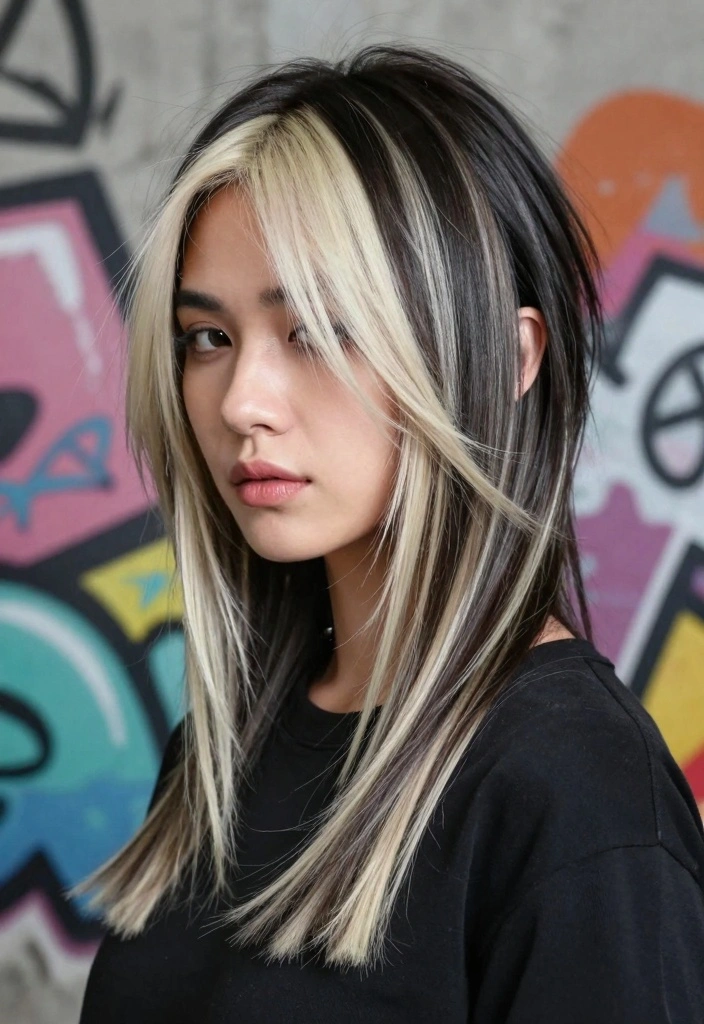 17 Blonde Highlights on Dark Hair Ideas: High Contrast Glow - 4. Pop of Platinum 1