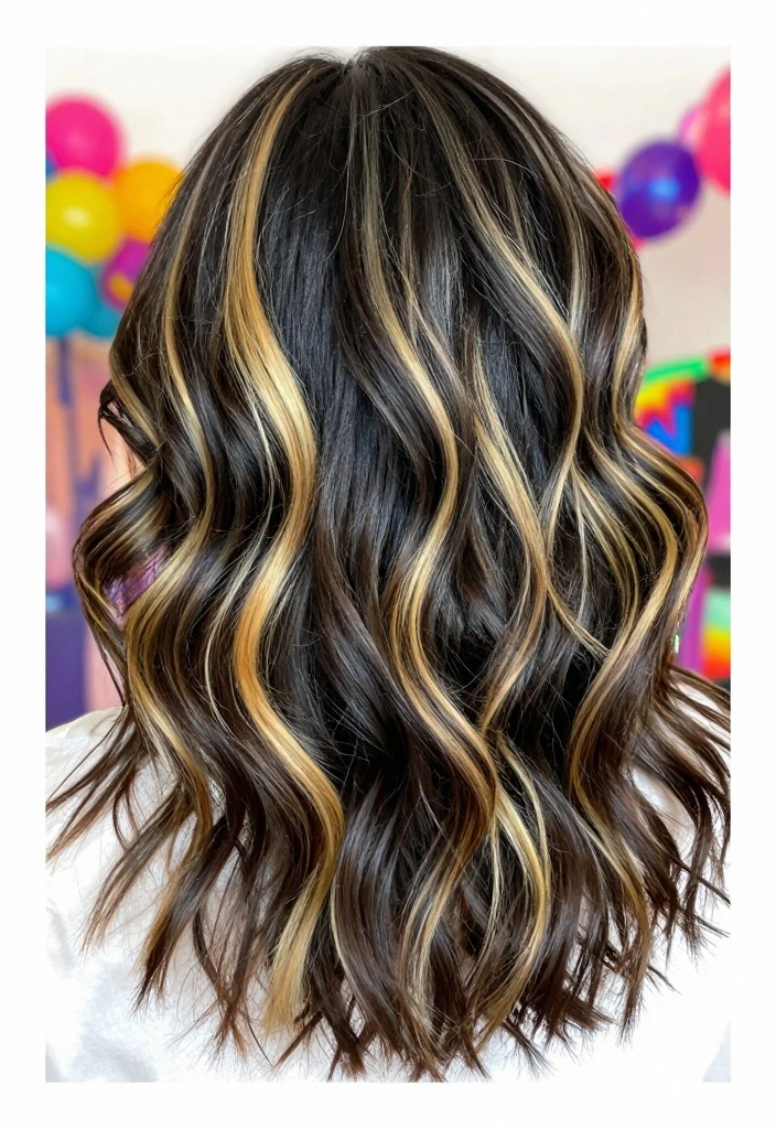 17 Blonde Highlights on Dark Hair Ideas: High Contrast Glow - 8. Rainbow Blonde Highlights 1