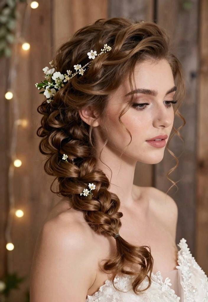18 Curly Hair Wedding Styles Ideas: Romantic Defined Curls - 11. Twisted Side Braid 1