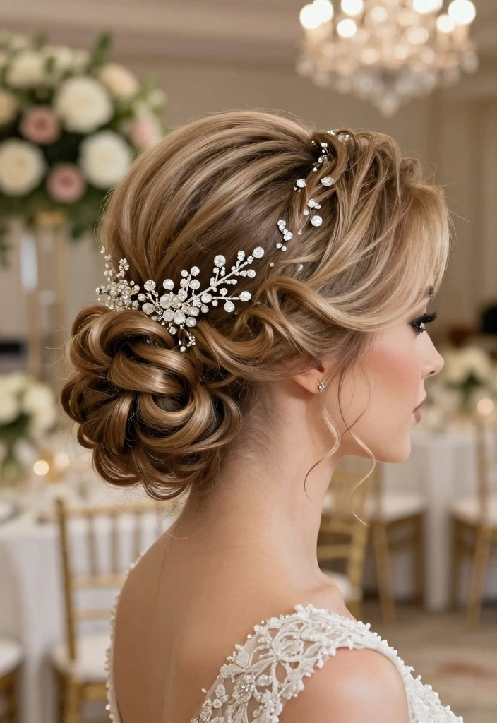 18 Curly Hair Wedding Styles Ideas: Romantic Defined Curls - 7. Curled Updo with Hair Accessories 1