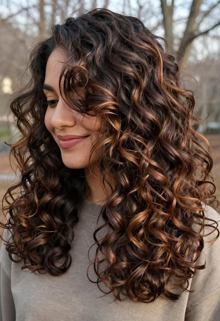 18 Dark Winter Hair Color Ideas: Cool Dramatic Tones for Curly Textures - 3. Dark Chocolate with Caramel Highlights 1