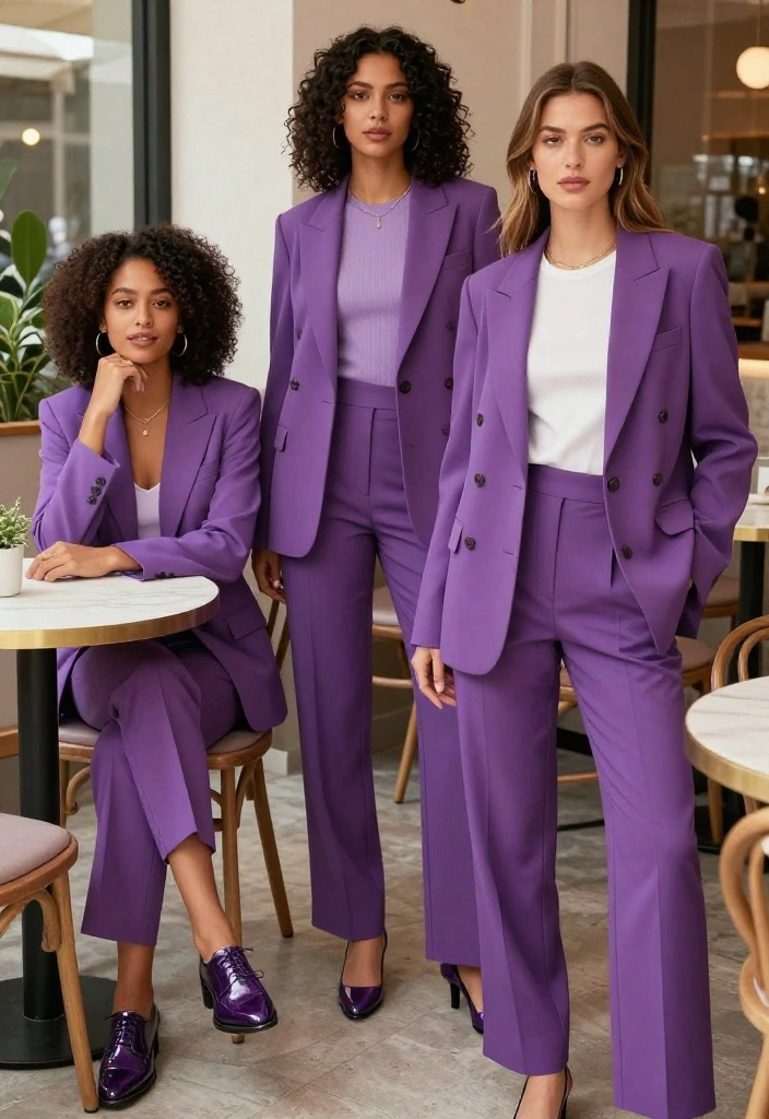 12 Purple Shoes Outfit Ideas for Women That Ground the Statement Shoe - 12. Luxe Layered Looks with Purple Oxfords 1