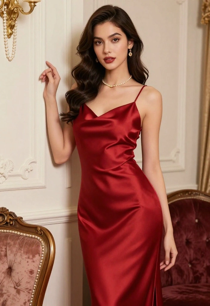 12 Red Lingerie Outfit Ideas for Women That Peek Through - 3. Red Satin Slip Dress 1