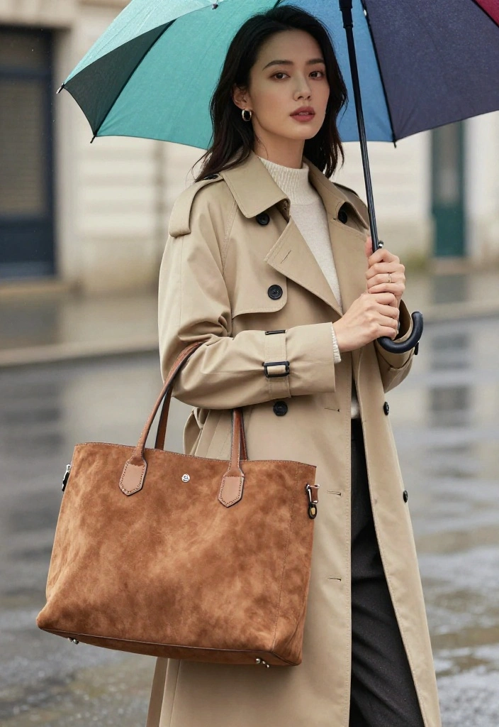 12 Suede Bag Outfit Ideas for Women That Protect It From Rain - 1. Chic Trench Coat with a Suede Tote 1