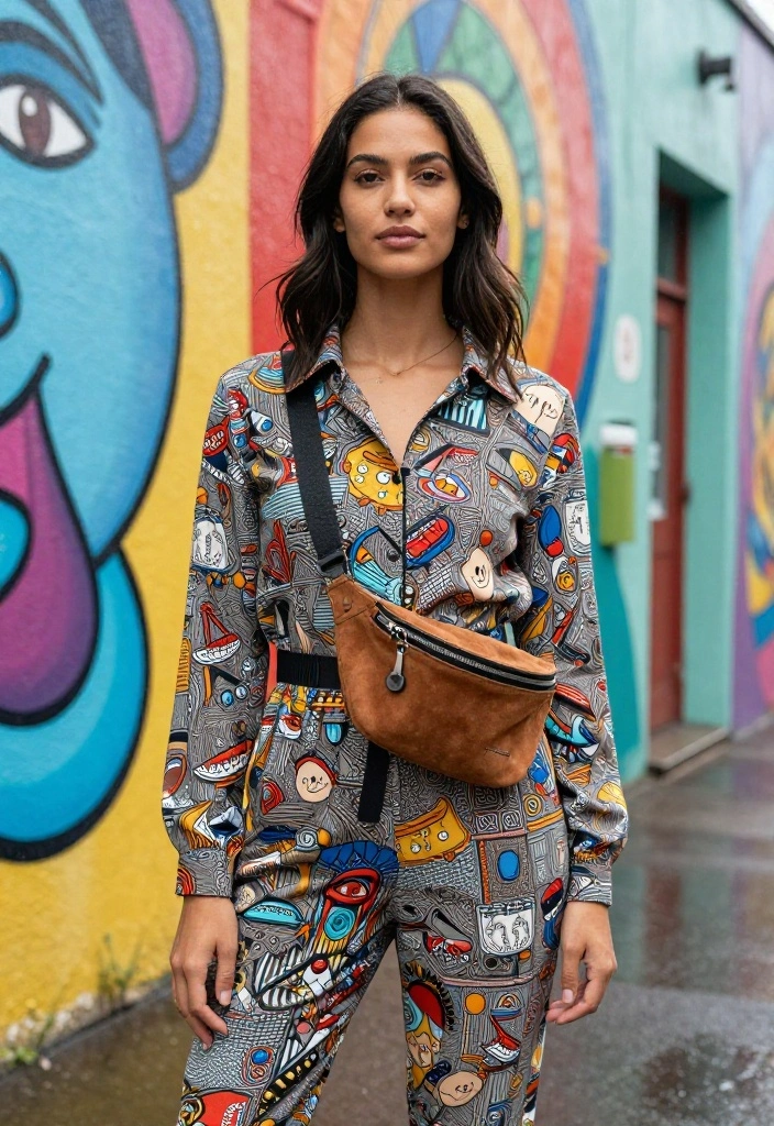 12 Suede Bag Outfit Ideas for Women That Protect It From Rain - 10. Playful Jumpsuit with a Suede Fanny Pack 1