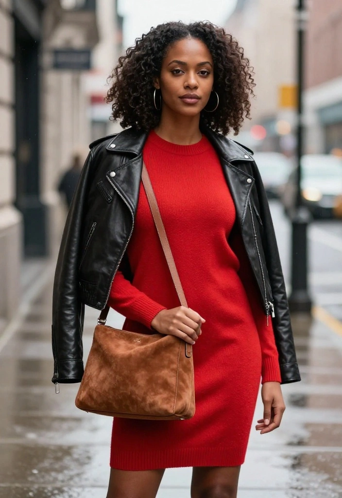 12 Suede Bag Outfit Ideas for Women That Protect It From Rain - 2. Layered Sweater Dress with a Suede Crossbody 1