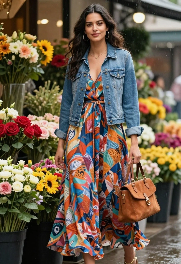 12 Suede Bag Outfit Ideas for Women That Protect It From Rain - 5. Denim Jacket Over a Maxi Dress with a Suede Satchel 1