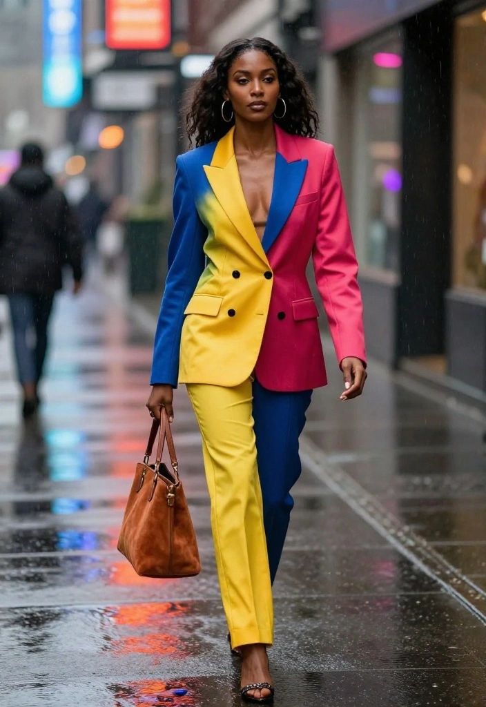 12 Suede Bag Outfit Ideas for Women That Protect It From Rain - 6. Bold Suit with Suede Handbag 1