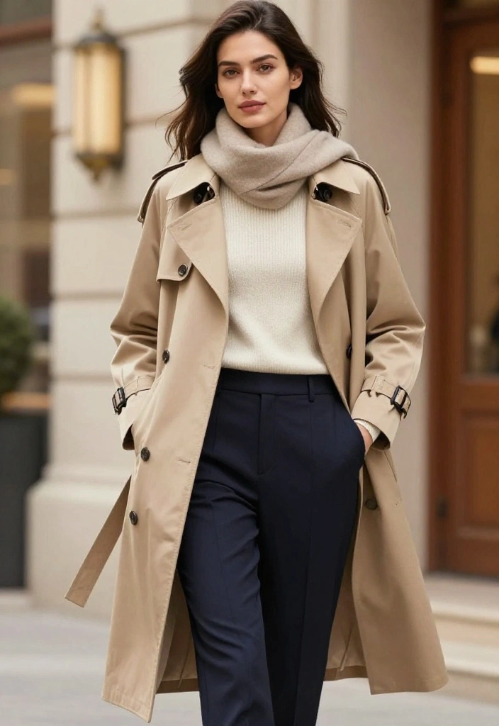 12 Winter Scarf Outfit Inspirations for Women That Add Warmth - 10. Chic Trench Coat with a Wool Scarf 1