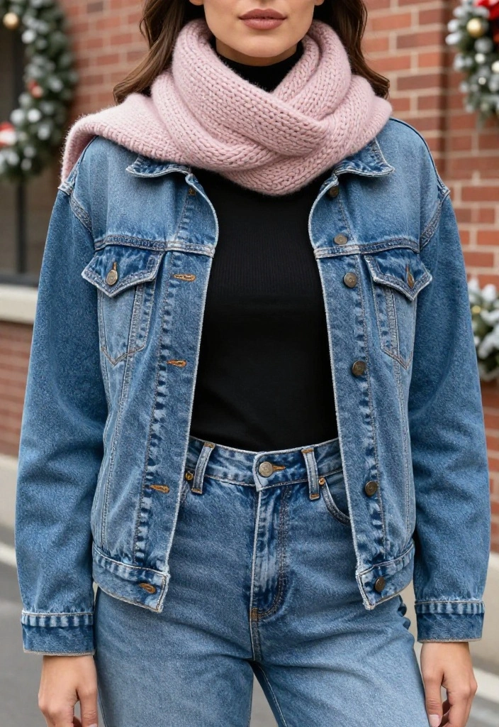 12 Winter Scarf Outfit Inspirations for Women That Add Warmth - 3. Classic Denim Jacket with a Chunky Knit Scarf 1