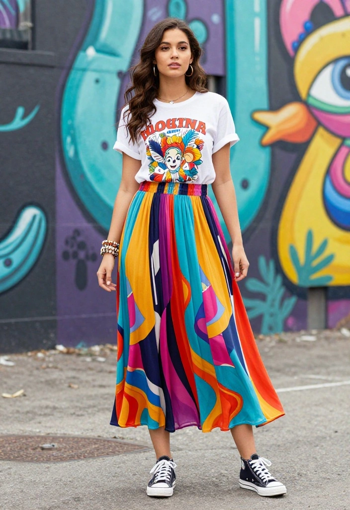 14 18th Birthday Outfit Concepts That Stand Out in Photos - 6. Stylish Maxi Skirt with a Graphic Tee 1