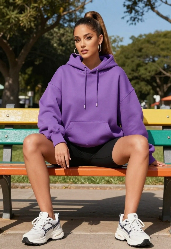 14 Ariana Grande Outfits for Women That Work for Everyday Wear - 1. Oversized Hoodie and Bike Shorts 1