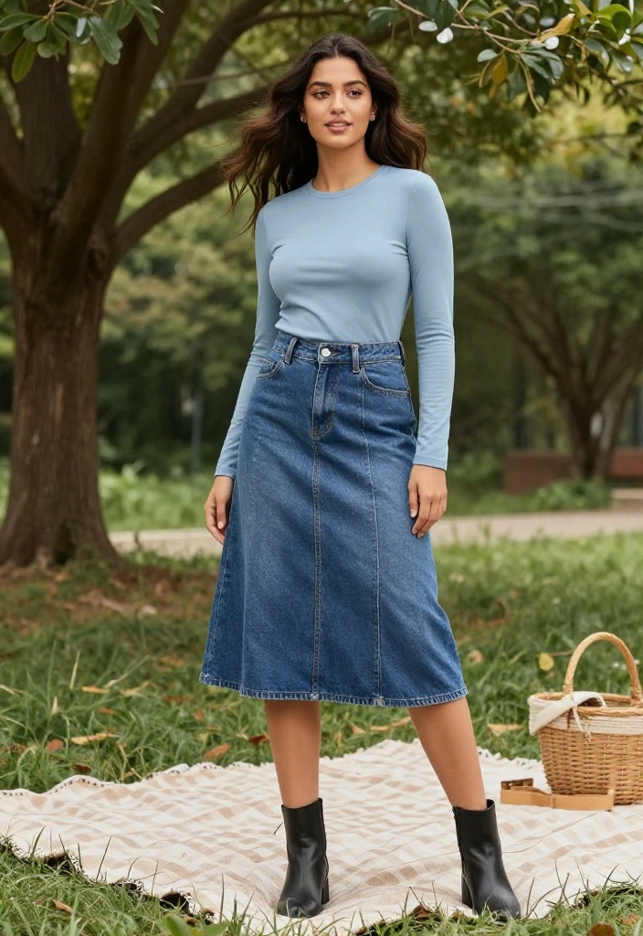 14 Ariana Grande Outfits for Women That Work for Everyday Wear - 5. Layered Long-sleeve Tee and Denim Skirt 1