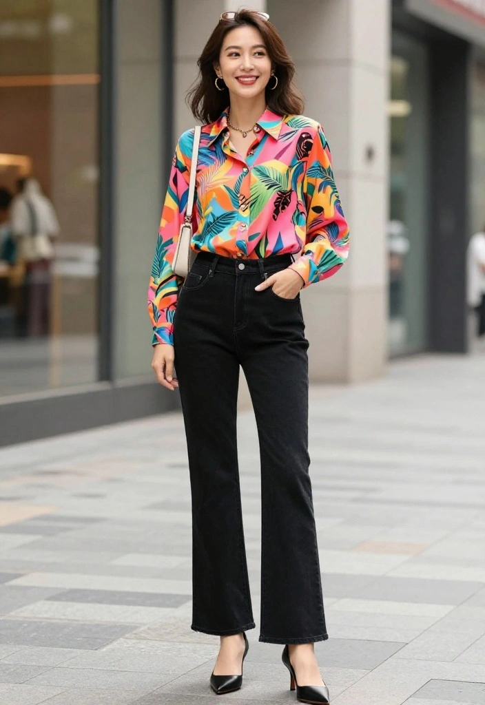 14 Black Straight Leg Denim Outfit Ideas for Women Over 30 - 10. Playful Patterns: Printed Blouse and Accessories 1