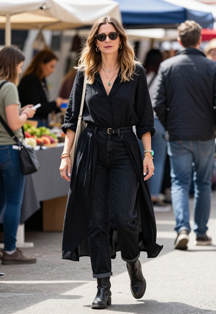 14 Black Straight Leg Denim Outfit Ideas for Women Over 30 - 11. Transitional Look: Midi Dress Over Denim 1