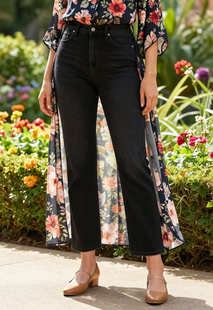 14 Black Straight Leg Denim Outfit Ideas for Women Over 30 - 12. Garden Party Ready: Floral Maxi Top and Flats 1