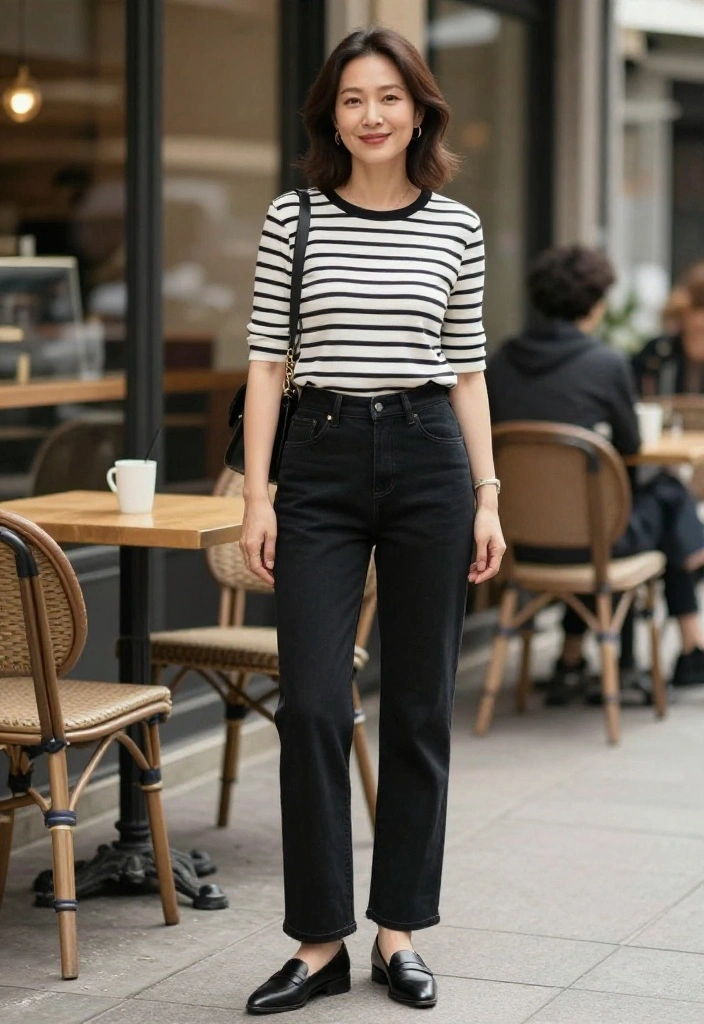 14 Black Straight Leg Denim Outfit Ideas for Women Over 30 - 14. Timeless Appeal: Classic Striped Top and Accessories 1