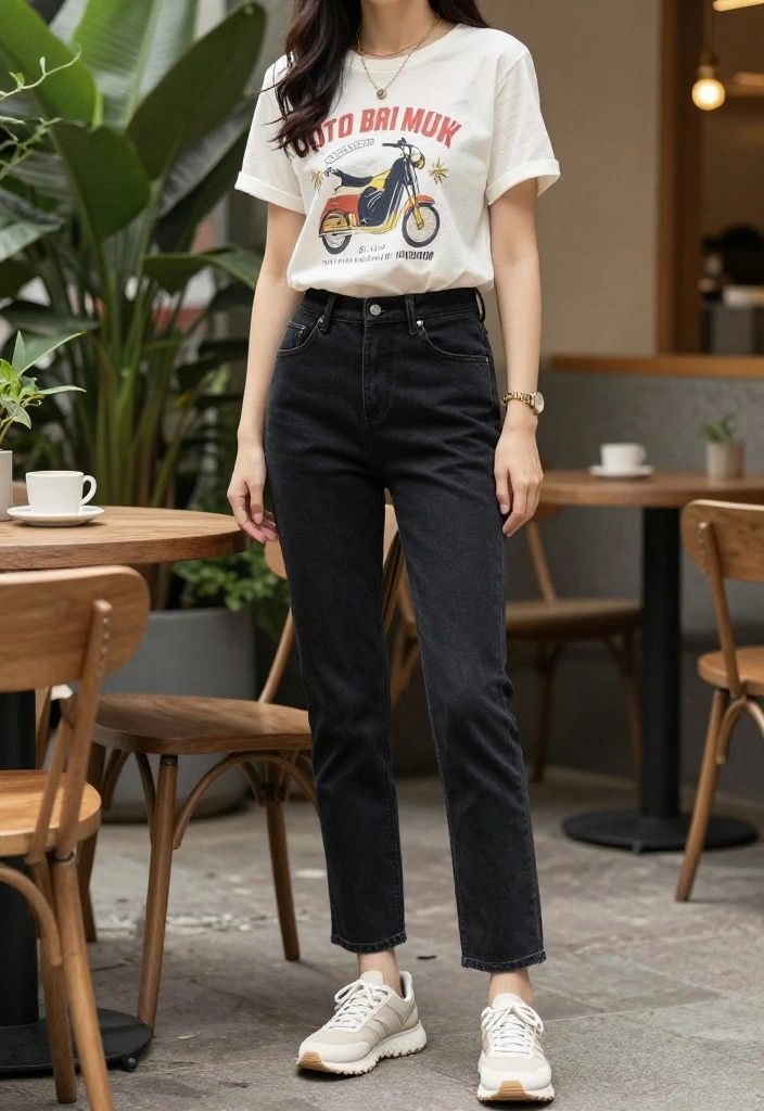 14 Black Straight Leg Denim Outfit Ideas for Women Over 30 - 2. Weekend Casual: Graphic Tee and Sneakers 1