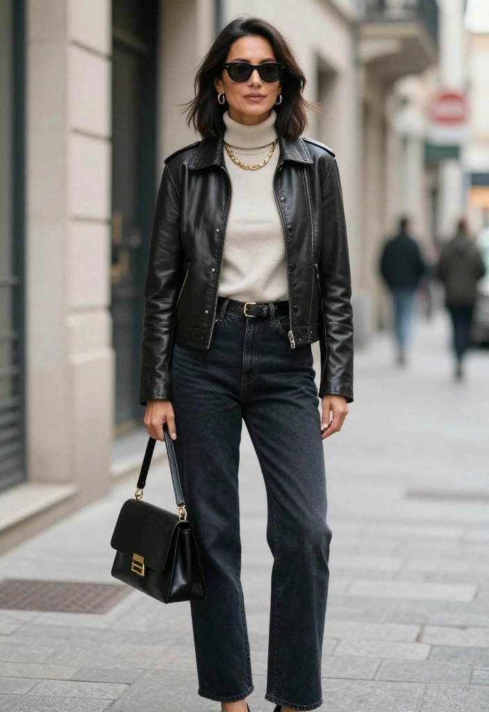 14 Black Straight Leg Denim Outfit Ideas for Women Over 30 - 3. Sophisticated Edge: Leather Jacket Ensemble 1