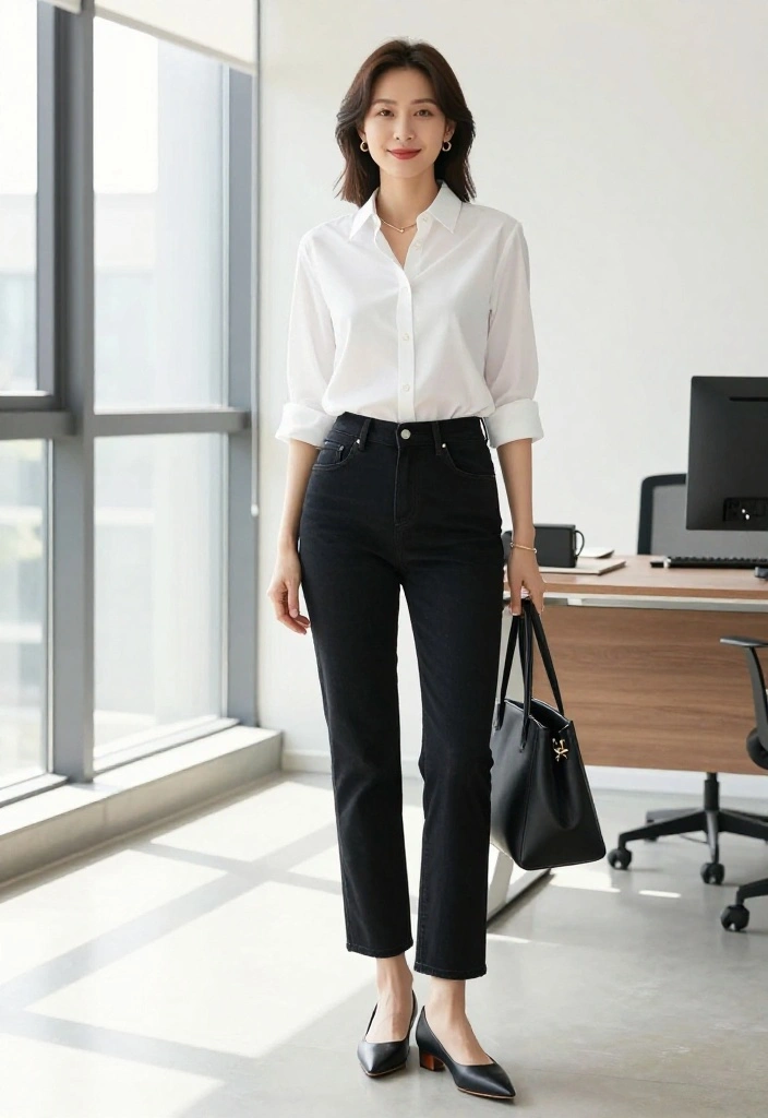 14 Black Straight Leg Denim Outfit Ideas for Women Over 30 - 4. Smart Casual: Button-Up Shirt and Flats 1