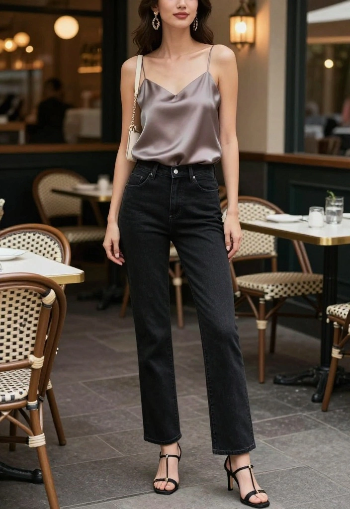 14 Black Straight Leg Denim Outfit Ideas for Women Over 30 - 6. Date Night Glam: Silk Camisole and Heels 1