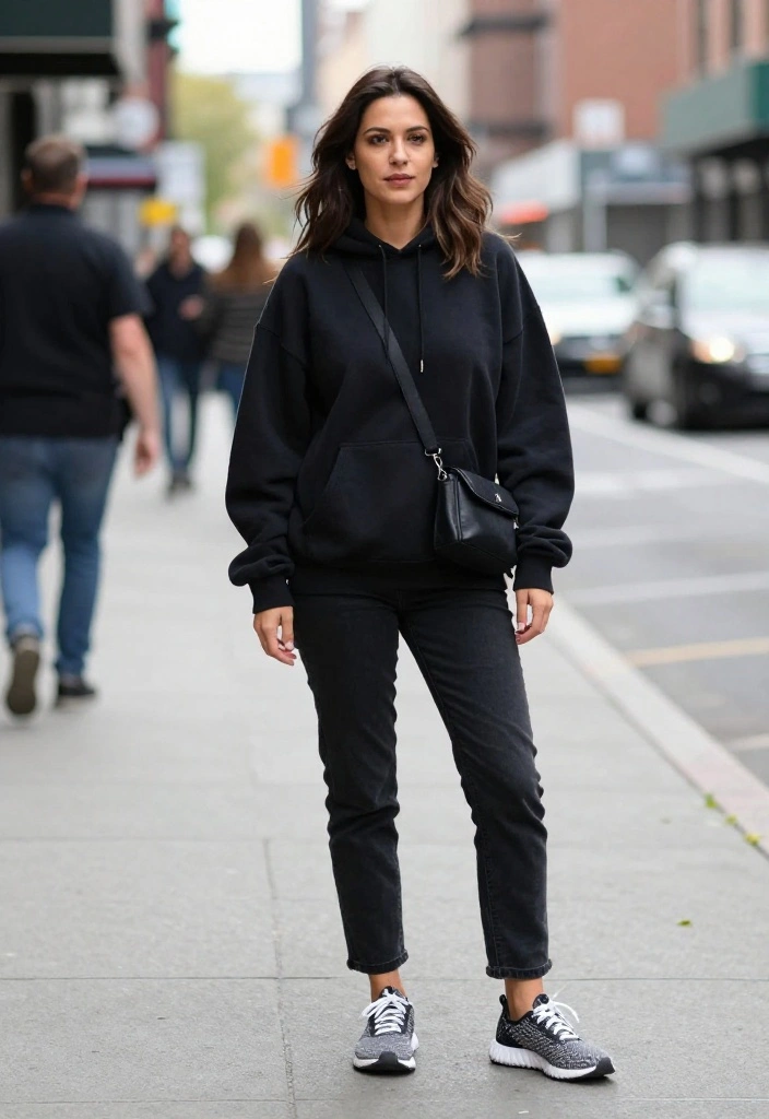 14 Black Straight Leg Denim Outfit Ideas for Women Over 30 - 7. Sporty Chic: Oversized Hoodie and Sneakers 1