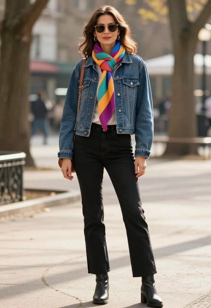 14 Black Straight Leg Denim Outfit Ideas for Women Over 30 - 9. Layering Delight: Denim Jacket and Scarf 1